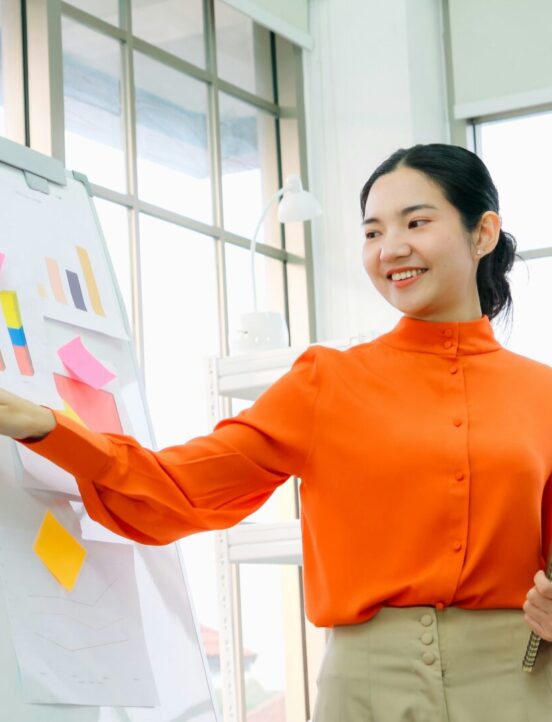 woman presenting at whiteboard picture